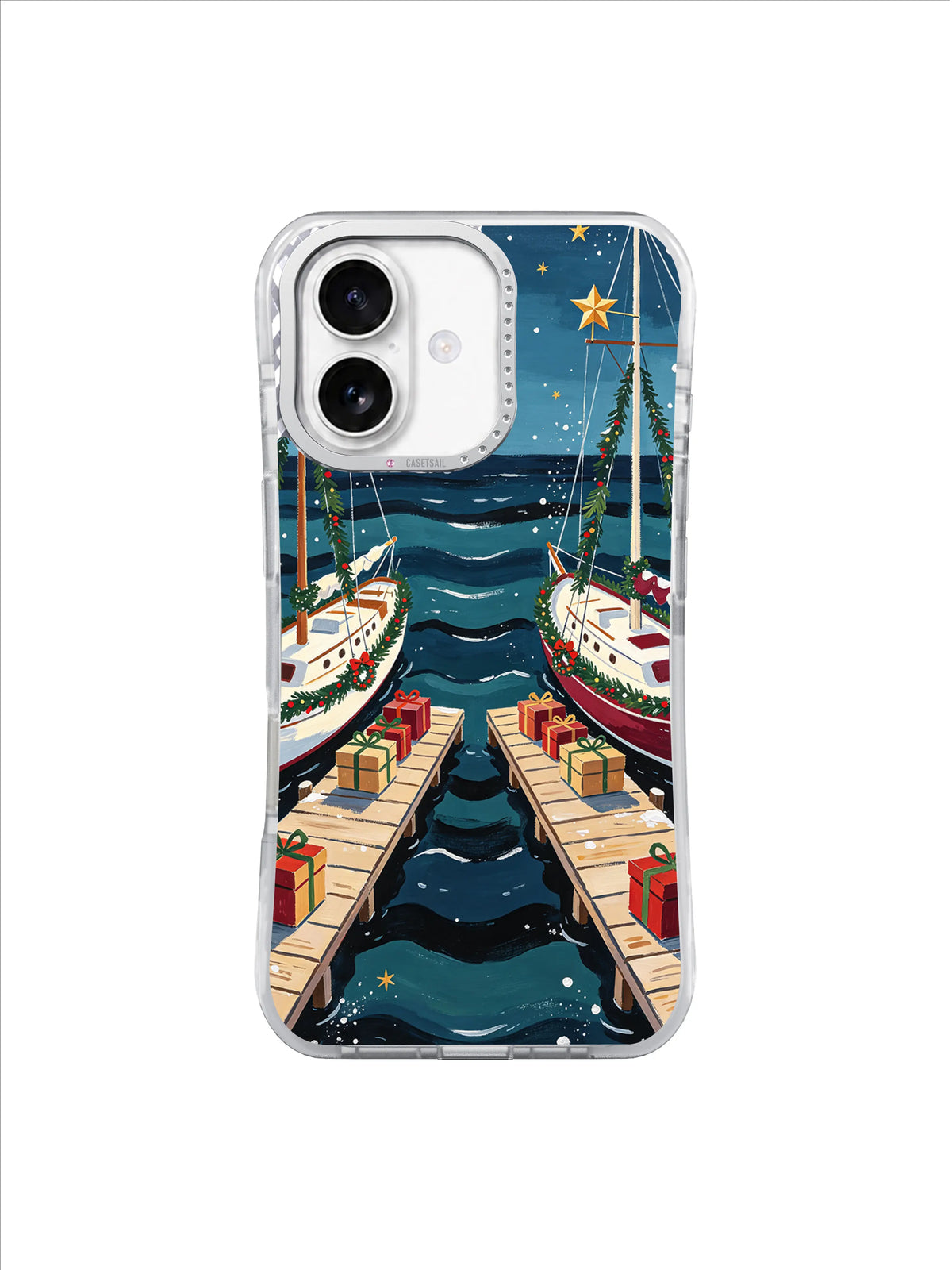 Evergreen Harbor iPhone 17 case featuring a golden mast star and converging wooden docks