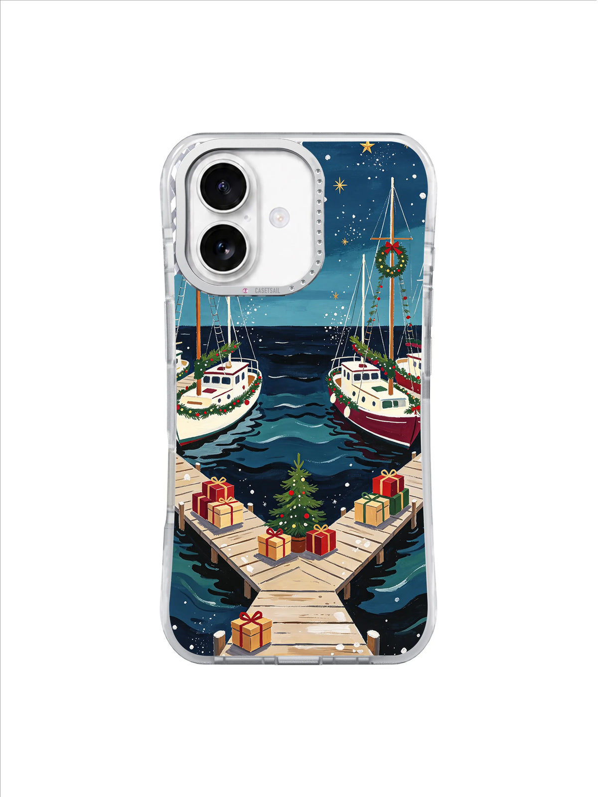 Evergreen Harbor phone case artwork with harbor docks, wrapped gifts and an evergreen tree