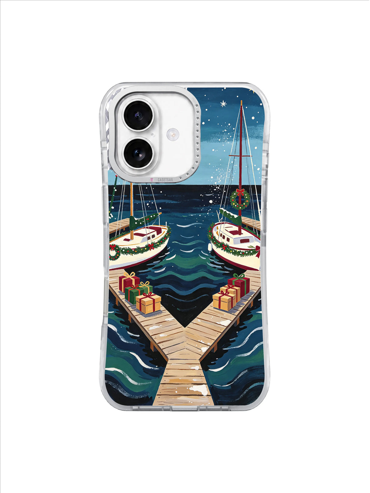 Evergreen Harbor iPhone 17 case with wreath-trimmed sailboats and layered navy waves