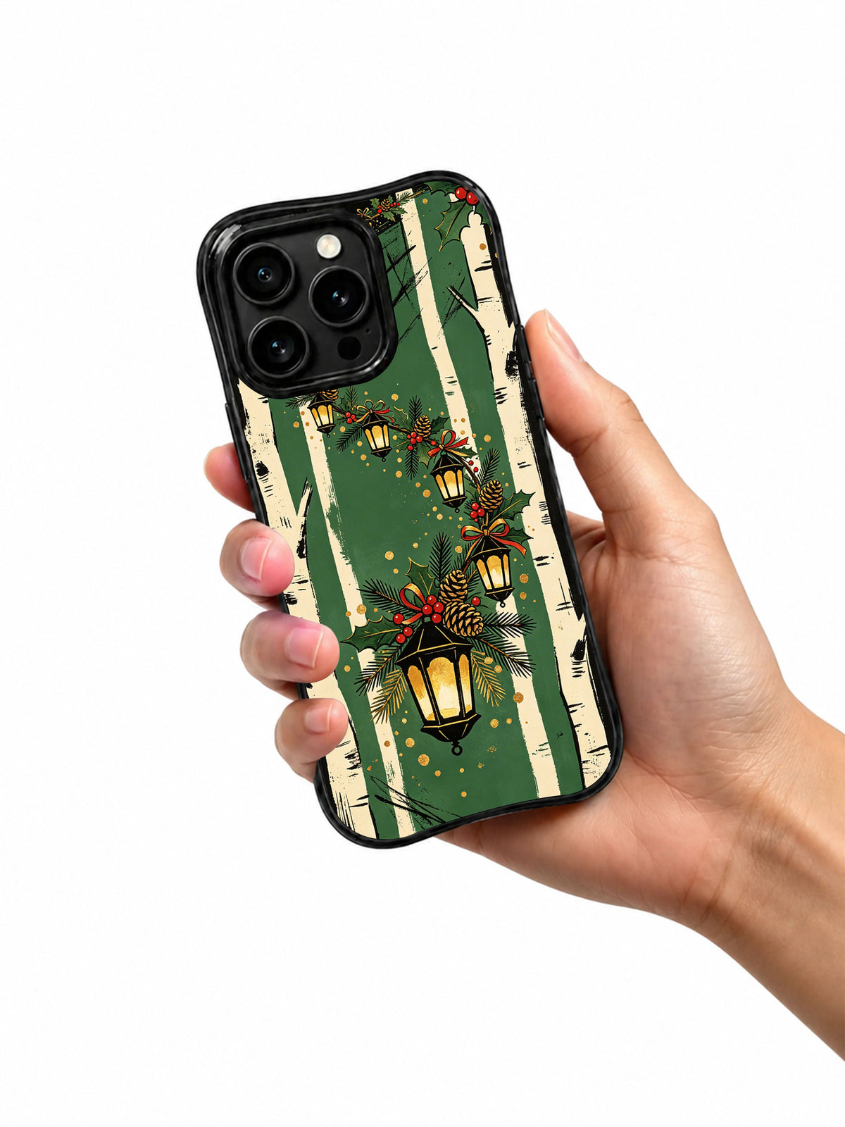 Handheld view of the Evergreen Lantern Path artwork on a black-edged iPhone 14 Pro case