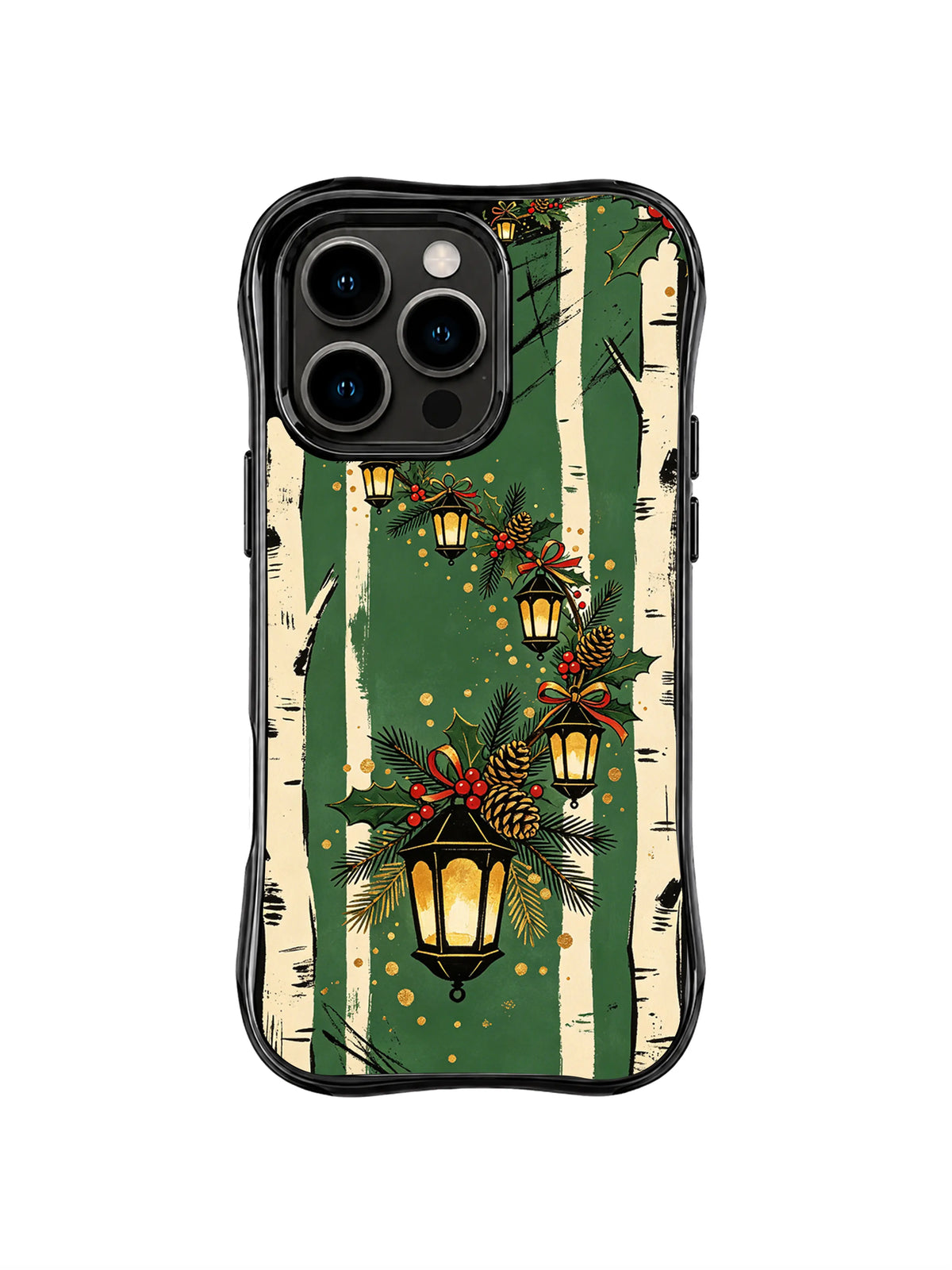 Evergreen Lantern Path pattern on a black iPhone 14 Pro case with a winding vertical garland of pine sprigs, bows, red berries, stars and glowing lanterns