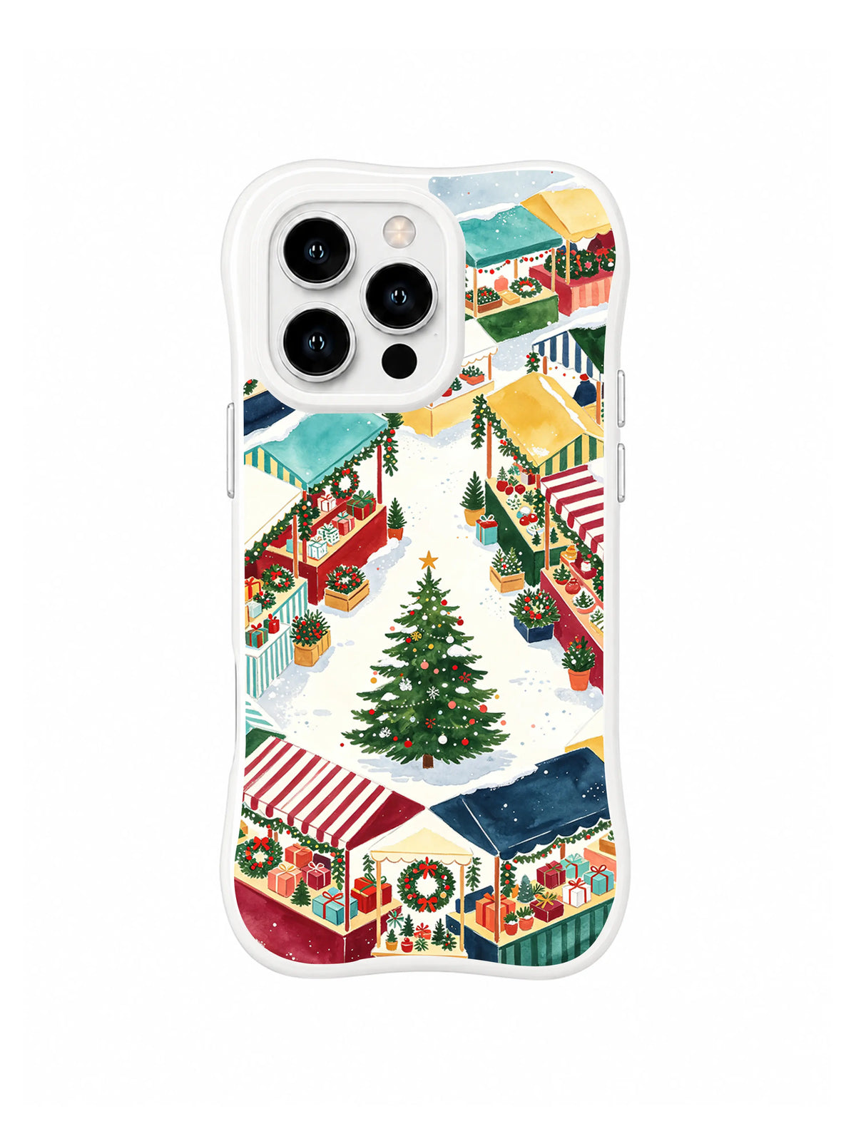 Evergreen Market Morning iPhone 16 Pro case with a central Christmas tree and striped holiday market stalls