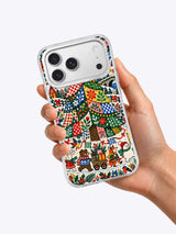 Evergreen Patchwork Parade iPhone case shown in hand