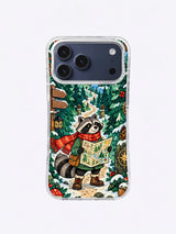 Berry Trail Map artwork on an iPhone case with a raccoon explorer, red scarf, turquoise map, winter berries, evergreens, lantern, and route markers