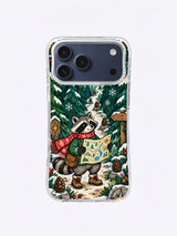 Compass Snow Path artwork on an iPhone case with a map-reading raccoon, layered pine trees, pinecone markers, snowy path, and golden compass rosette