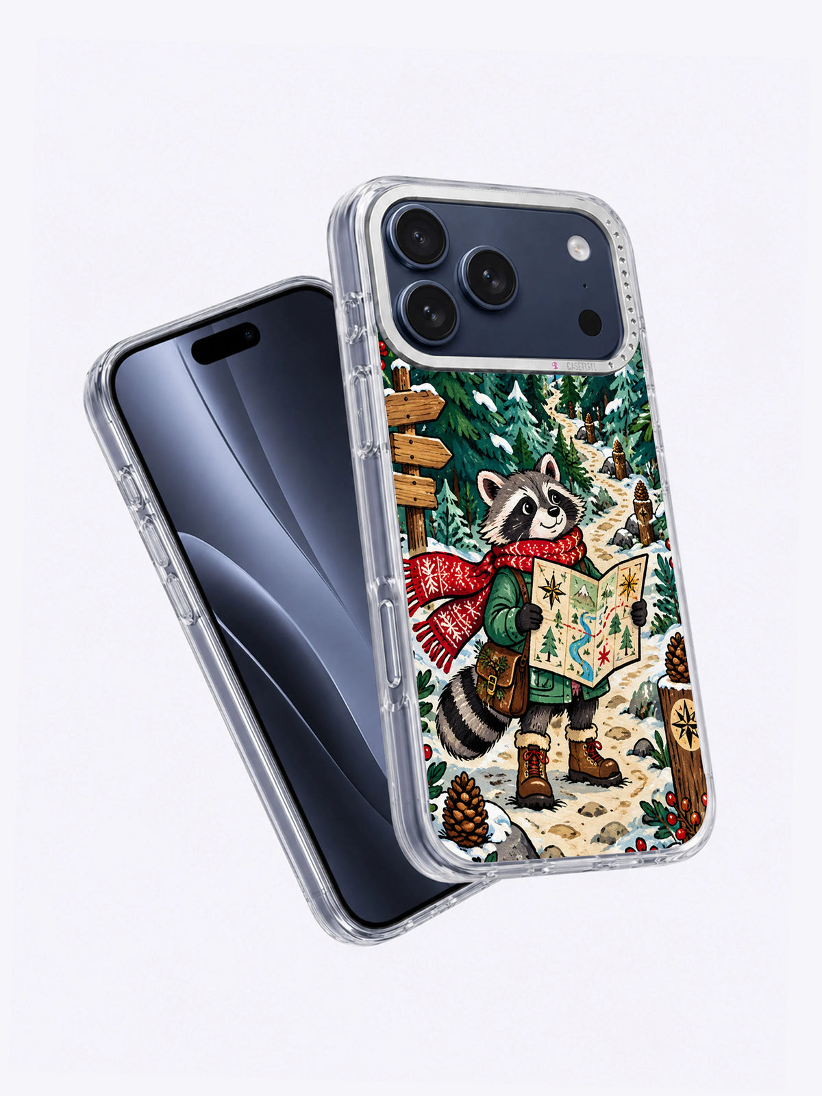 Angled front and back product view of Evergreen Raccoon Ranger artwork on an iPhone 17 Pro Max case
