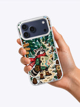 Evergreen Raccoon Ranger iPhone 17 Pro Max case held in one hand showing the winter woodland map artwork