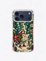 Lantern Fir Ranger artwork on an iPhone case with a red-scarf raccoon, winter lantern, wooden sign, berries, mushrooms, fir trees, and winding trail
