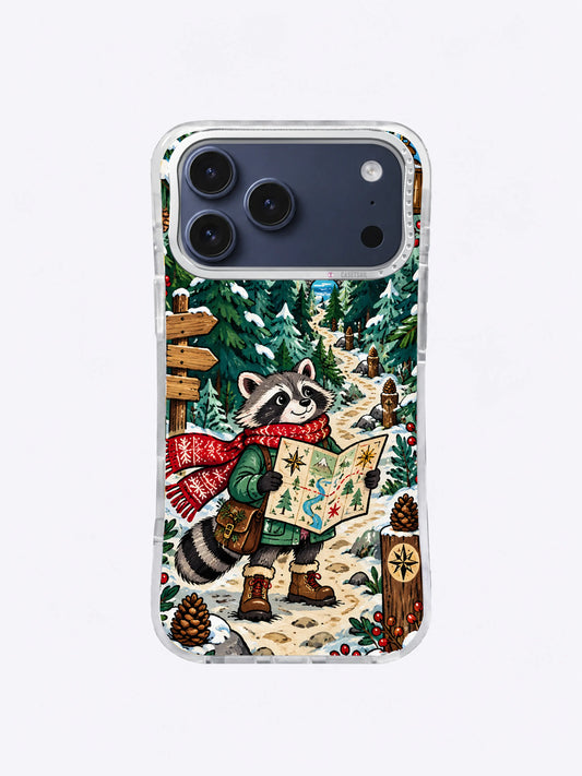 Pinecone Turn Marker artwork on an iPhone case with a scarfed raccoon, patterned map, snowy firs, wooden trail signs, pinecones, berries, and compass symbol