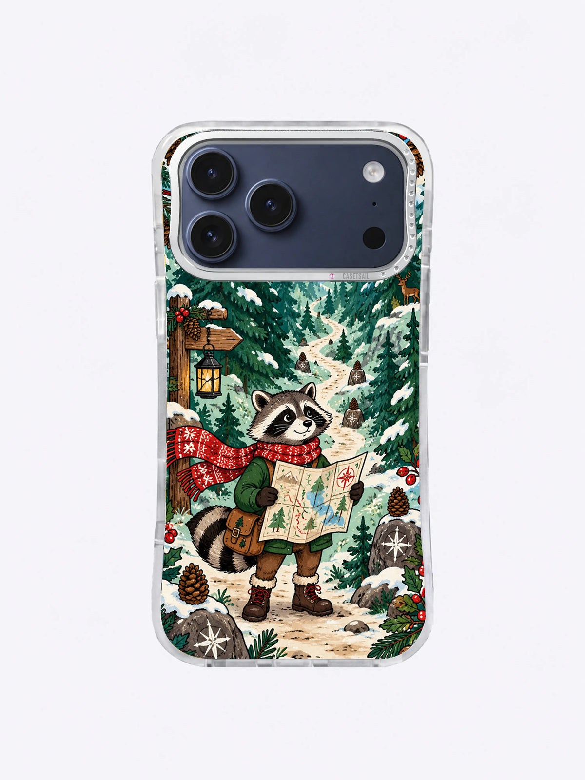 Starlit Evergreen Route artwork on an iPhone case with a raccoon holding a map beneath dark firs, stars, snow crystals, berries, pinecones, and mushrooms
