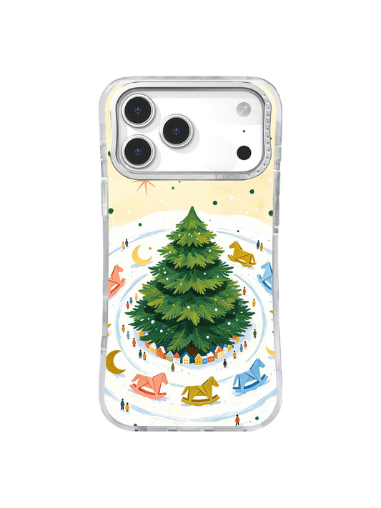 Evergreen carousel tree with paper horses, moon, and stars on an iPhone 17 Pro case