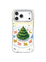 Layered evergreen story carousel encircled by colorful paper horses on an iPhone 17 Pro case