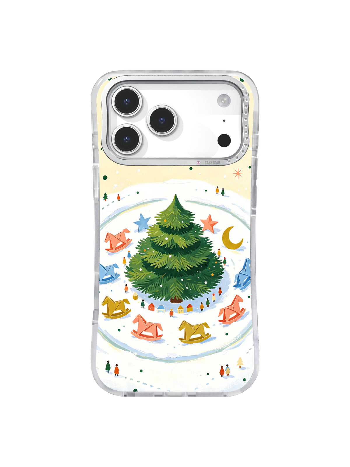 Layered evergreen story carousel encircled by colorful paper horses on an iPhone 17 Pro case