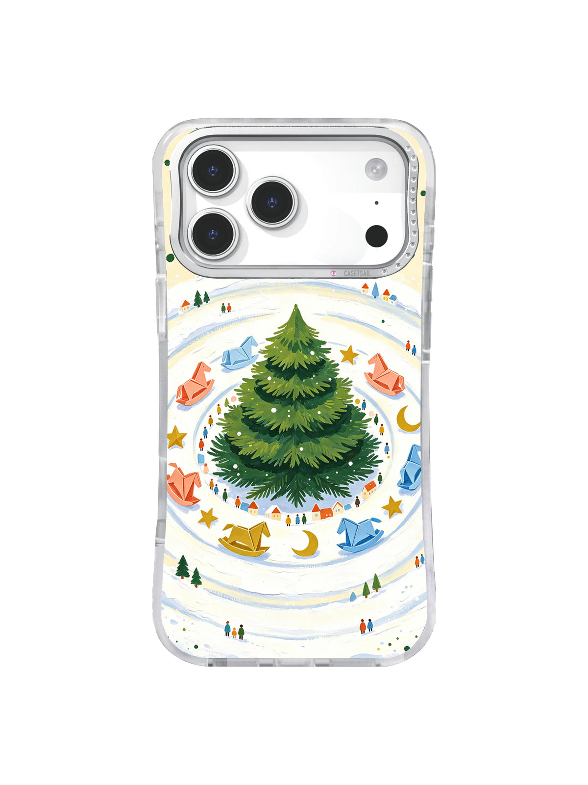 Concentric green story tree with blue snow rings and paper figures on an iPhone 17 Pro case