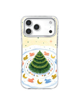 Spiral-tier evergreen tree with coral stars and miniature figures on an iPhone 17 Pro case