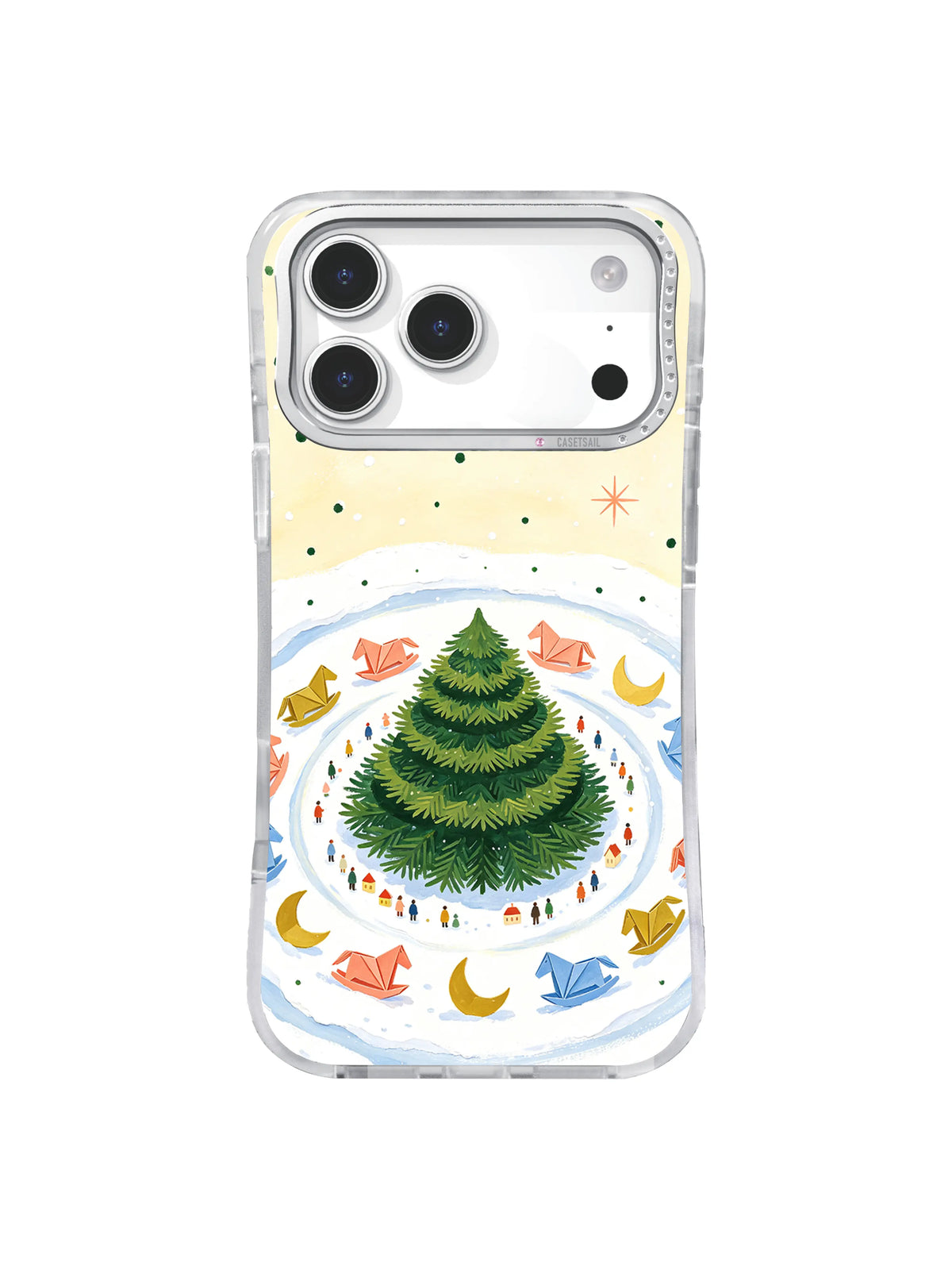 Spiral-tier evergreen tree with coral stars and miniature figures on an iPhone 17 Pro case