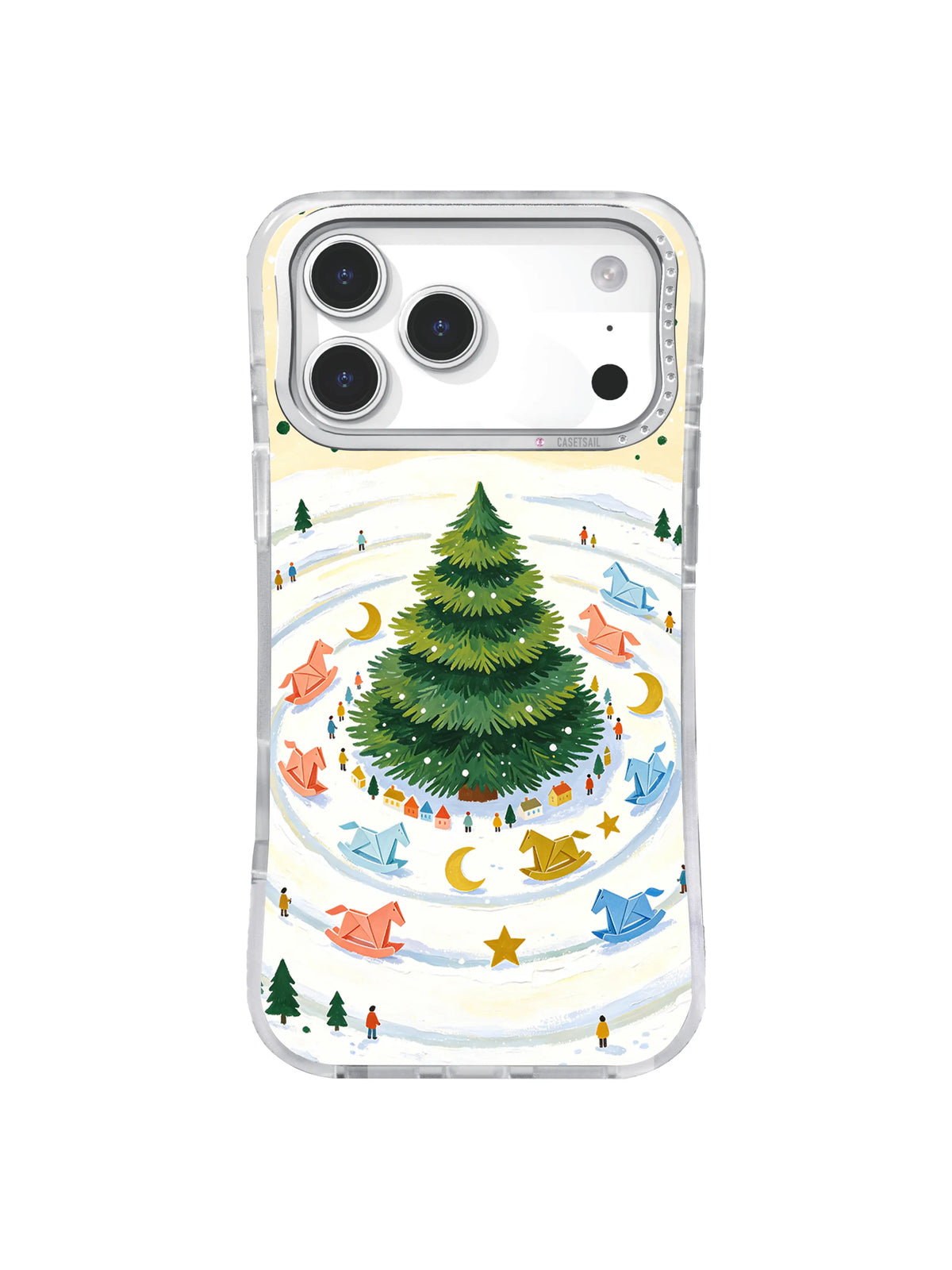 Forest green carousel tree surrounded by whimsical paper horses on an iPhone 17 Pro case