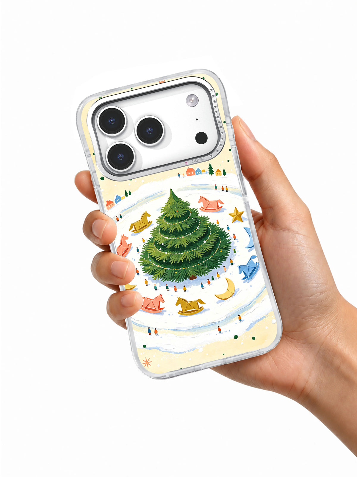 Hand holding the Evergreen Story Carousel iPhone 17 Pro case