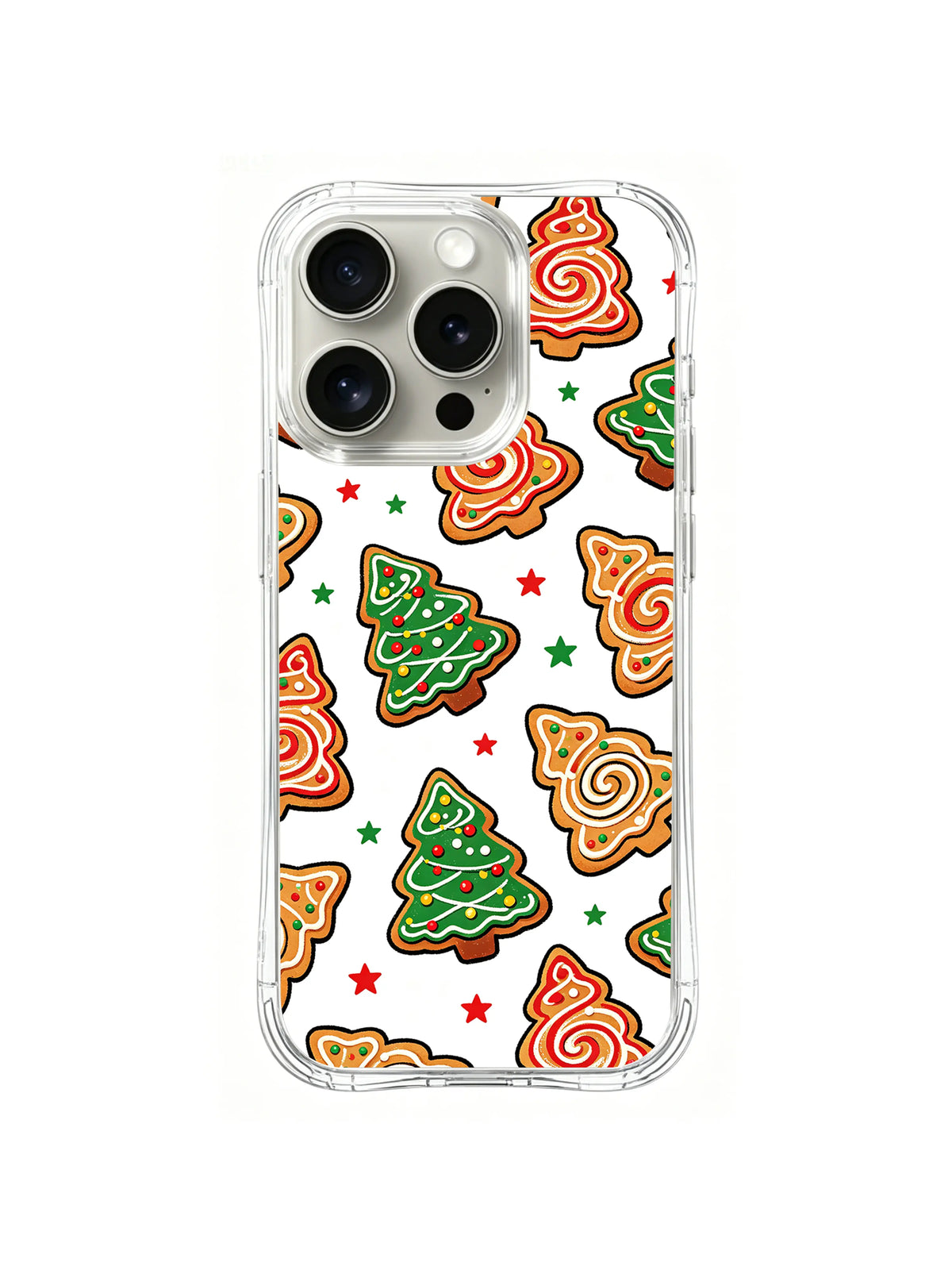 Evergreen Sugar Charm / Gingerbread Tree Scatter: Different spiral lines on green, red and golden tree shapes.