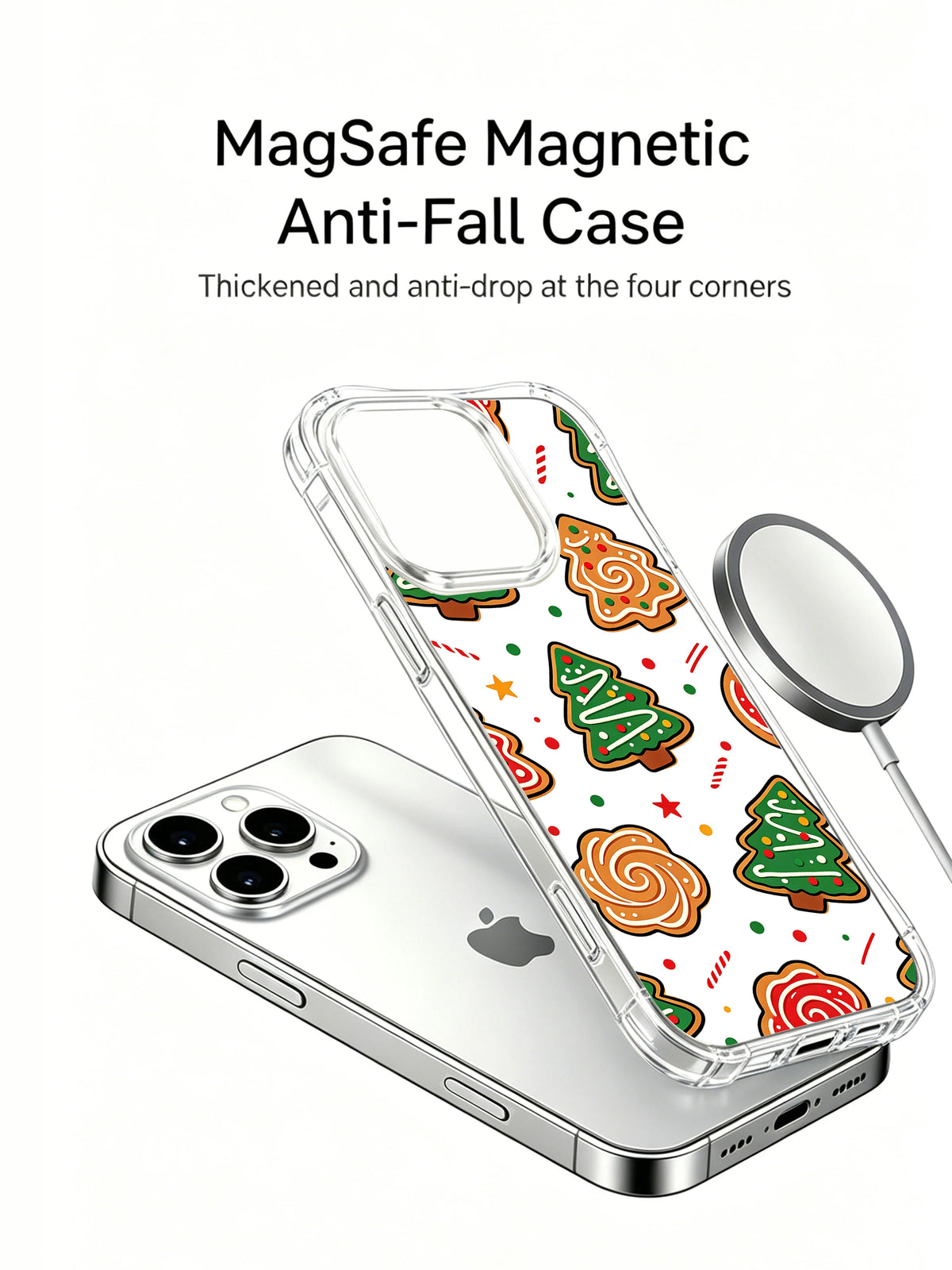 Evergreen Sugar Charm: A phone, separate illustrated case and round accessory in a product render.