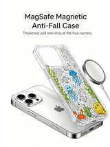 Large-eyed jellyfish, fish and crab cluster artwork on an iPhone 15 Pro case