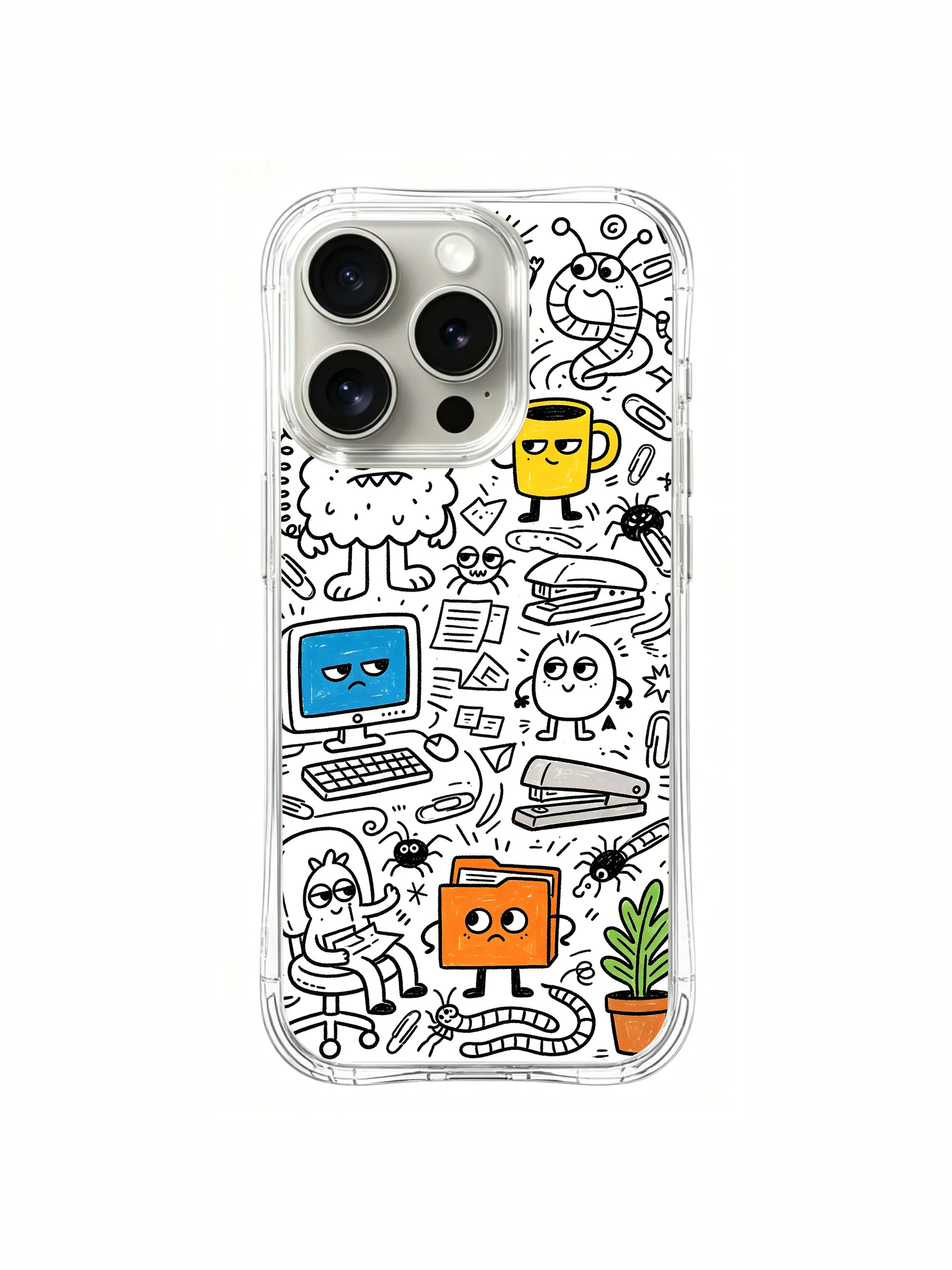 File folder, coffee cup & desk plant monster office doodle iPhone 15 pro Case, copyright protected art phone casing, eye-catching colorful phone cover crafted by PhoneCasing.