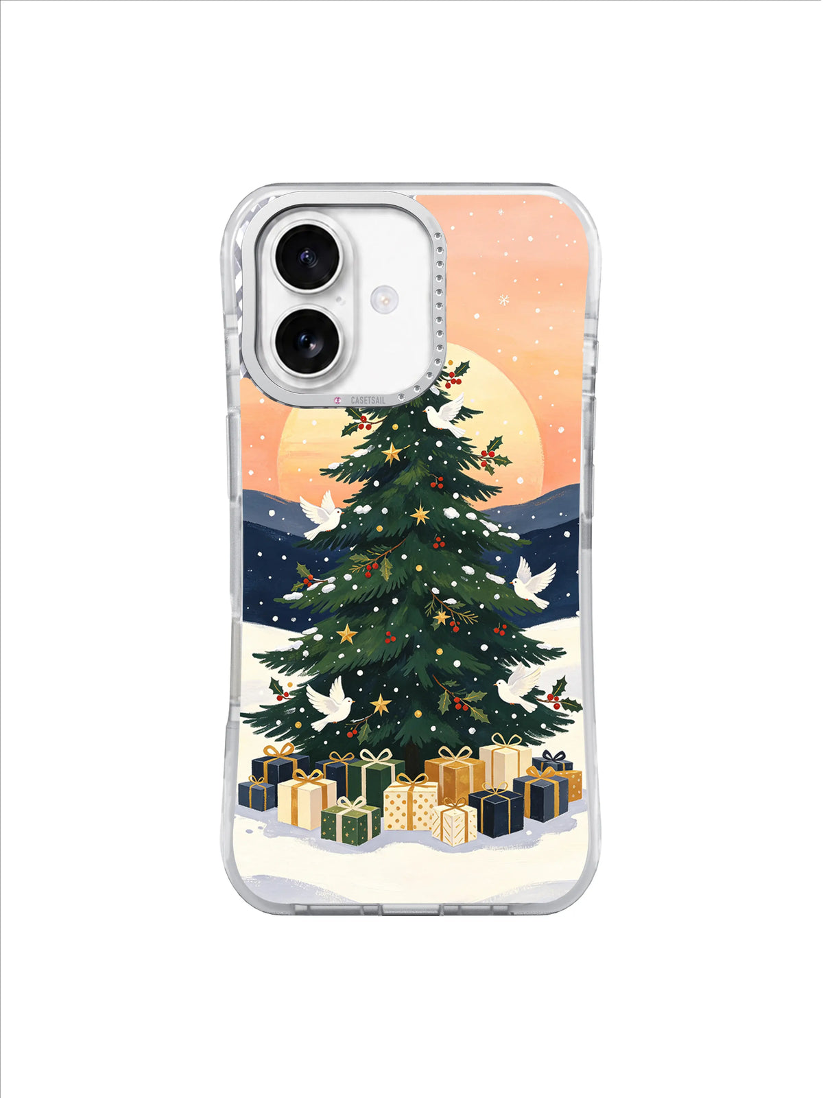 Holly Sunrise Tree artwork on a clear iPhone 17 case