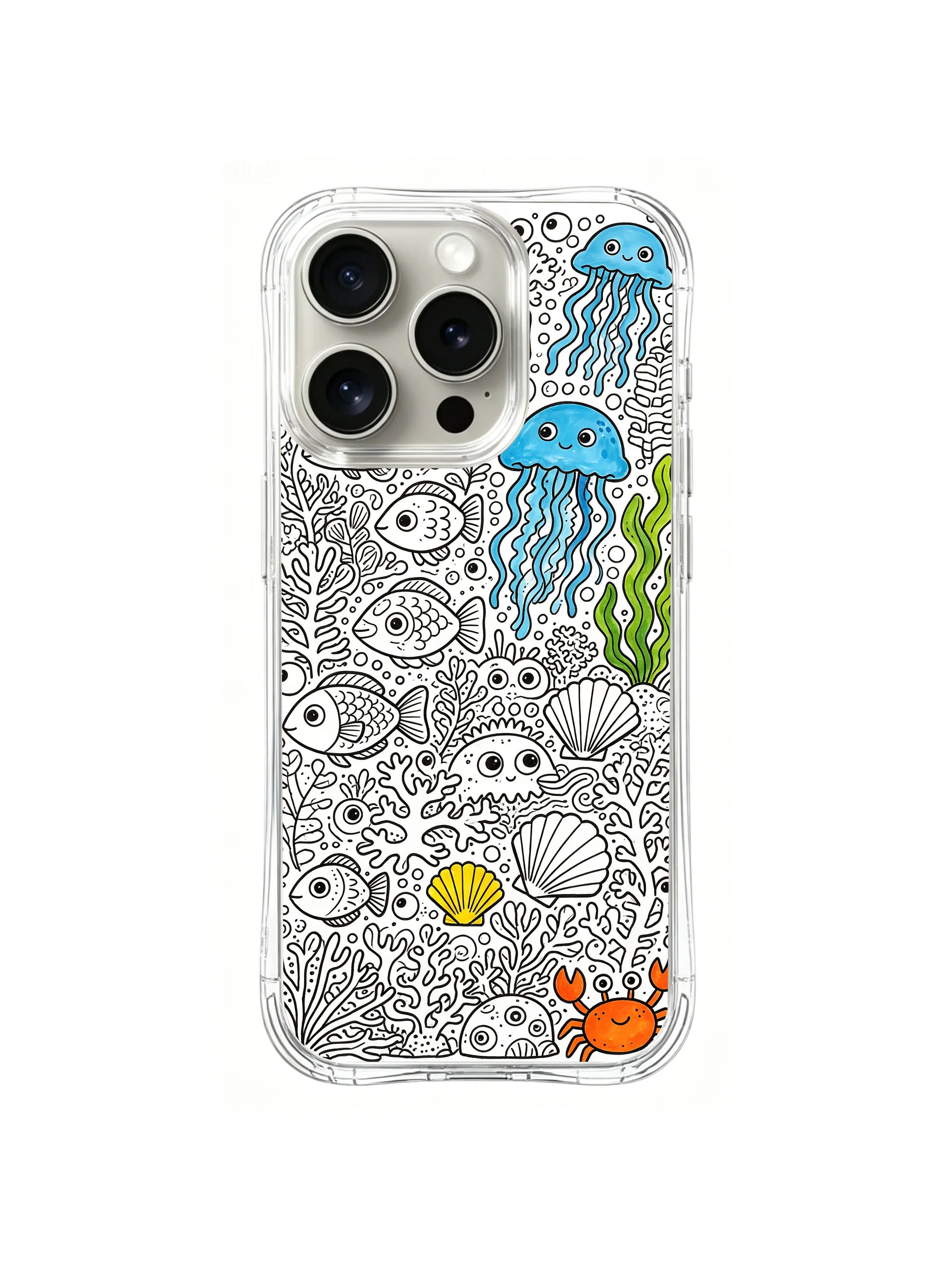 Tropical fish, seashell & leafy seaweed underwater doodle iPhone 15 pro Case, copyright protected art phone casing, eye-catching colorful phone cover made by PhoneCasing.