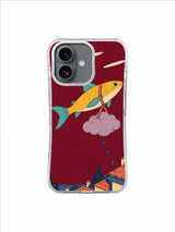 Golden fish courier crossing a dark red sky with a strapped raincloud