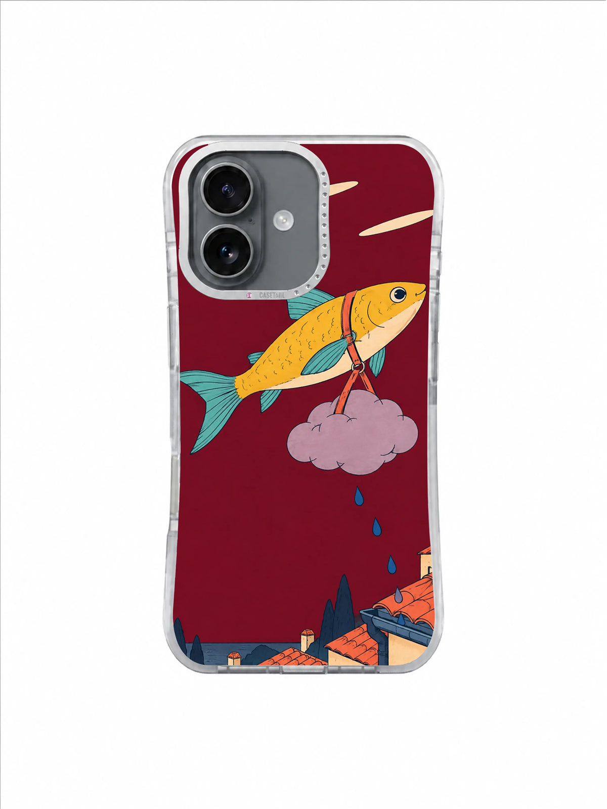 Golden fish courier crossing a dark red sky with a strapped raincloud