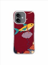 Yellow fish with turquoise fins towing a muted purple raincloud toward tiled roofs