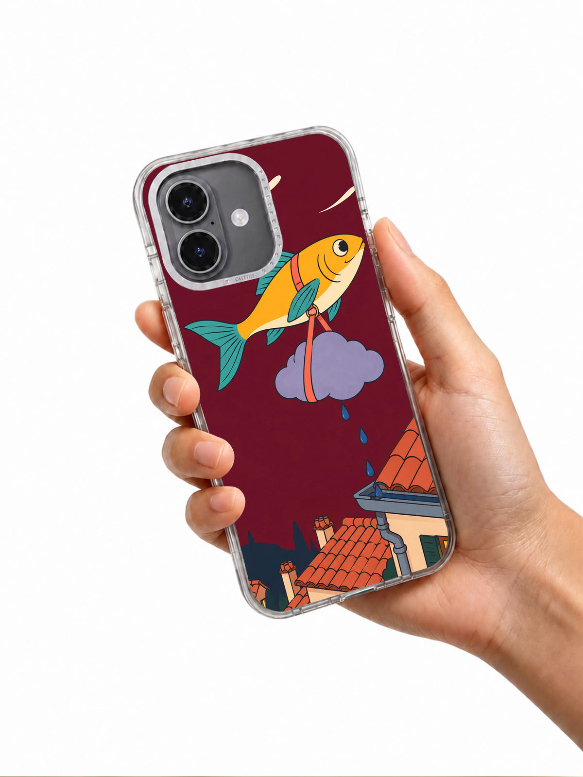 Hand holding Fish Delivers a Thundercloud artwork on a transparent iPhone case