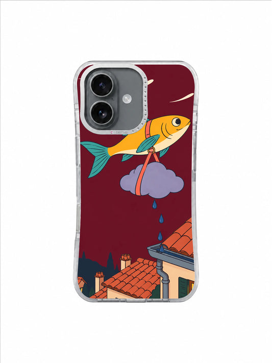 Golden fish carrying a lavender raincloud above coral rooftops in a burgundy sky