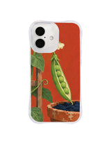 First Look pea pod leaning toward a terracotta pot on a transparent iPhone case