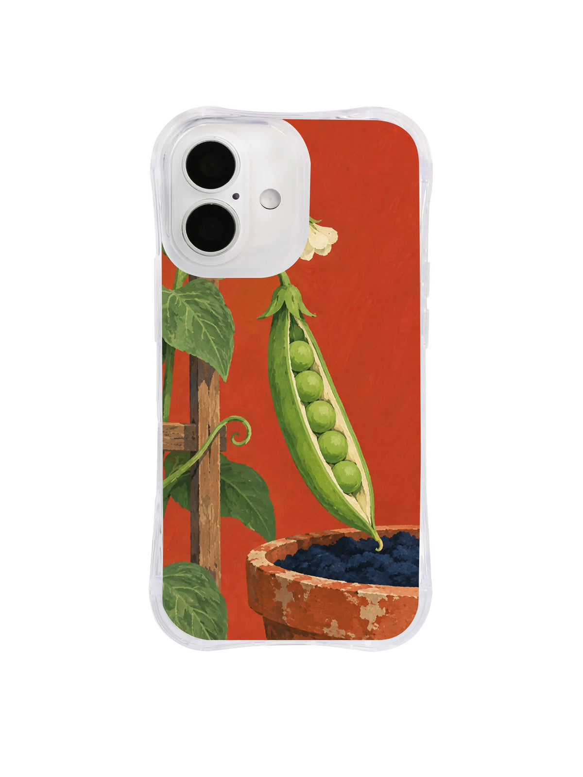 First Look pea pod leaning toward a terracotta pot on a transparent iPhone case