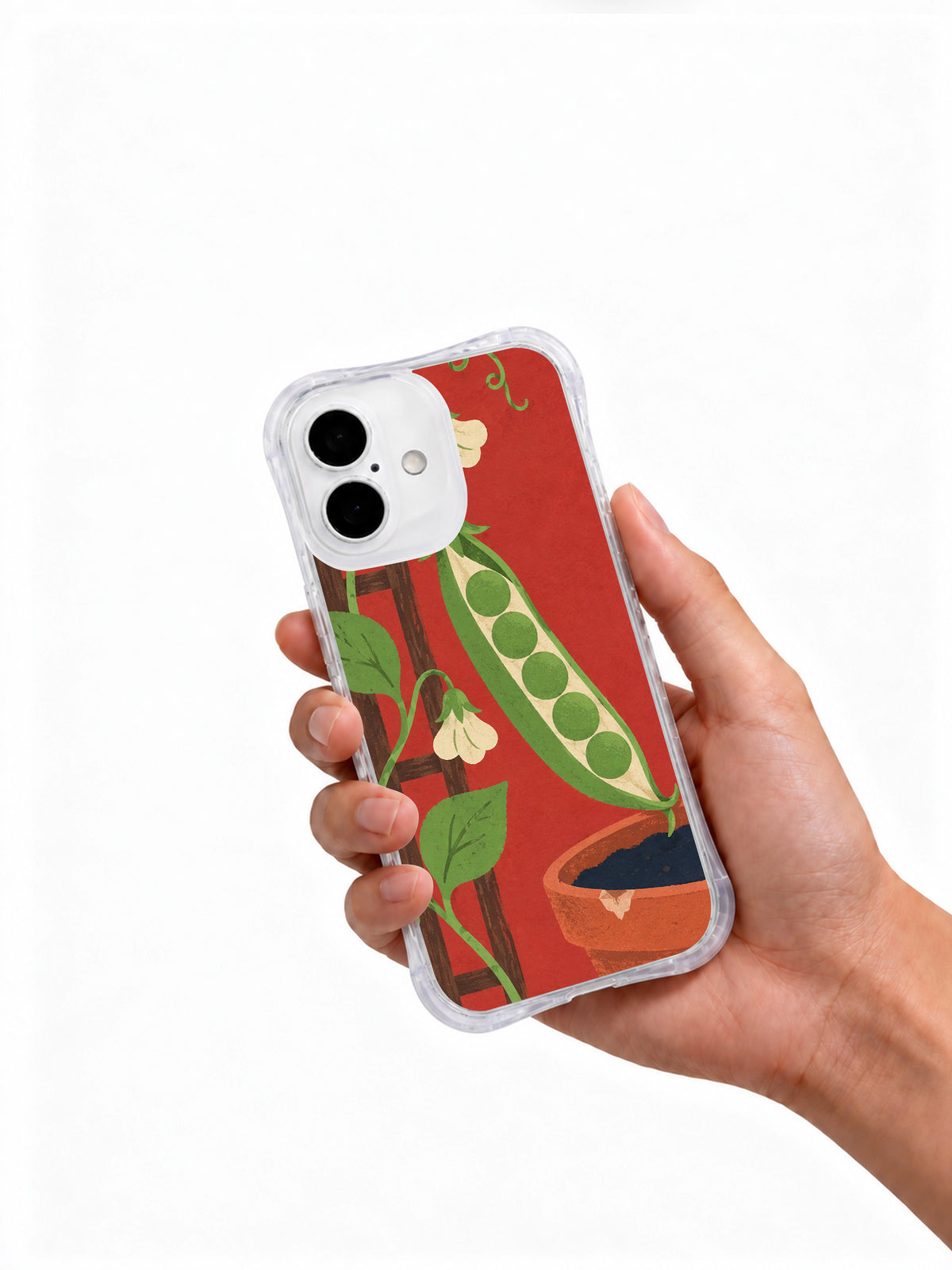 Hand holding Five Peas One Plan transparent iPhone case