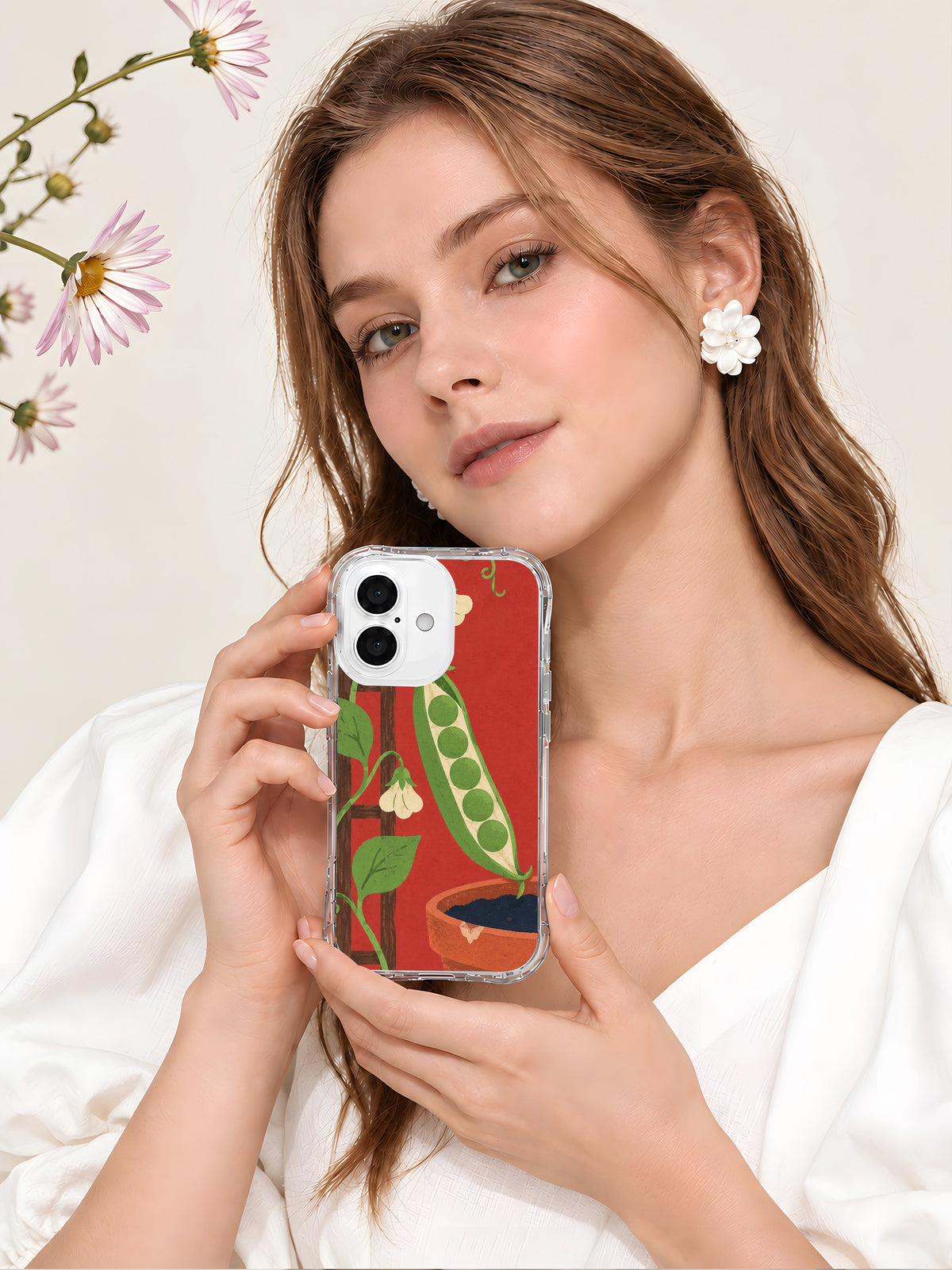 Lifestyle view of Five Peas One Plan transparent iPhone 16 case