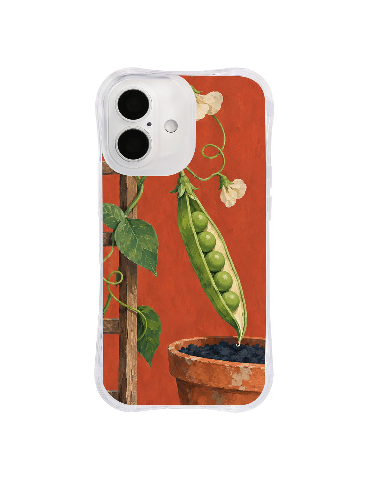 Trellis Team pea pod and cream blossoms on a transparent iPhone case