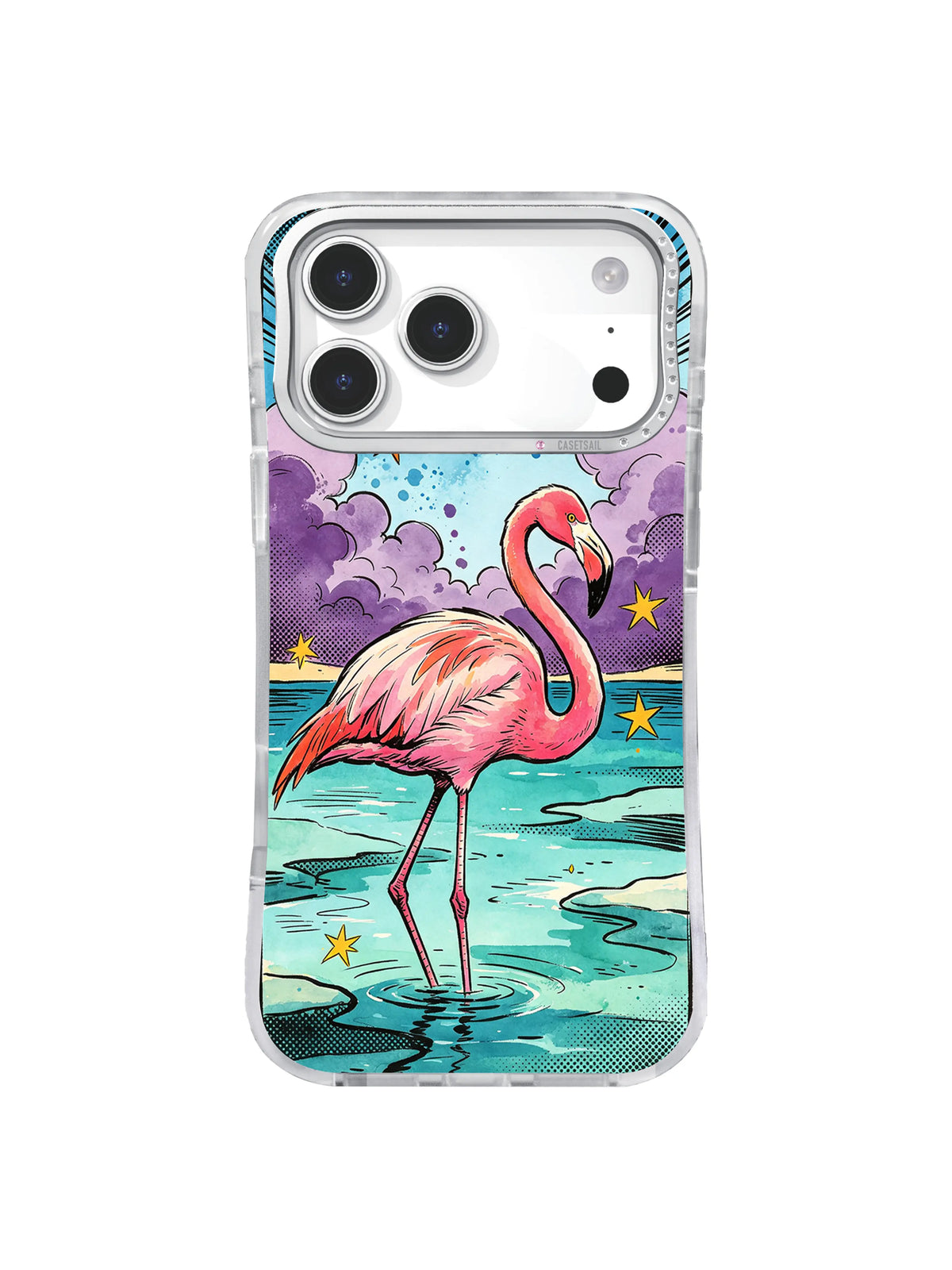 Pink flamingo iPhone case with turquoise lagoon forms, violet clouds, yellow-orange stars, sky-blue splashes, and black comic lines
