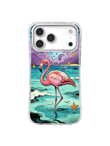 Coastal pink flamingo iPhone case artwork with turquoise water, coral accents, purple clouds, starbursts, and hand-drawn ink texture