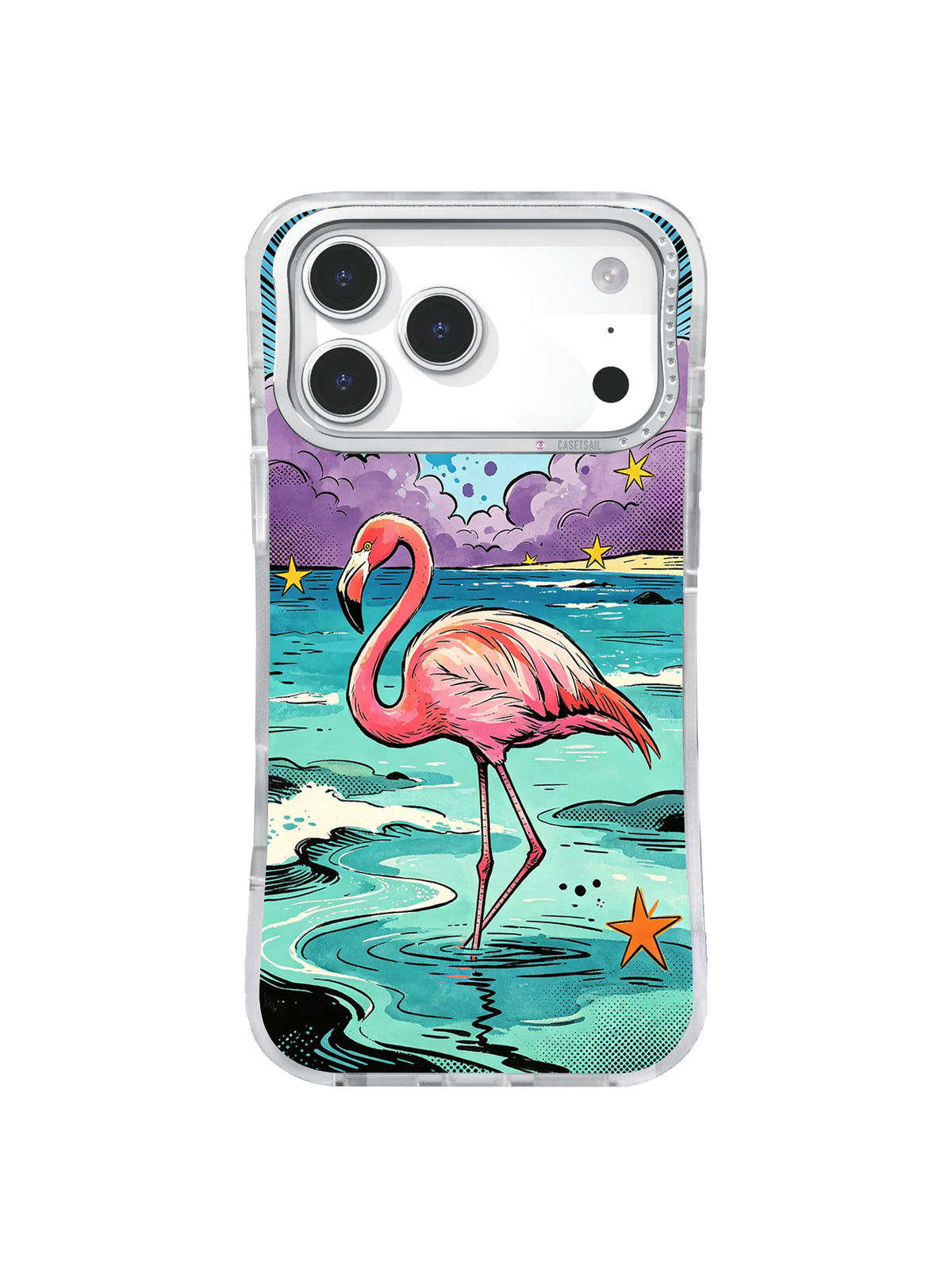 Coastal pink flamingo iPhone case artwork with turquoise water, coral accents, purple clouds, starbursts, and hand-drawn ink texture