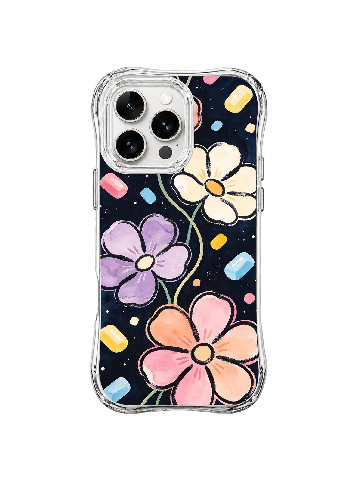 Candy Confetti Blooms: Simple lavender, cream and coral flowers rise among colorful rectangular confetti on dark navy.