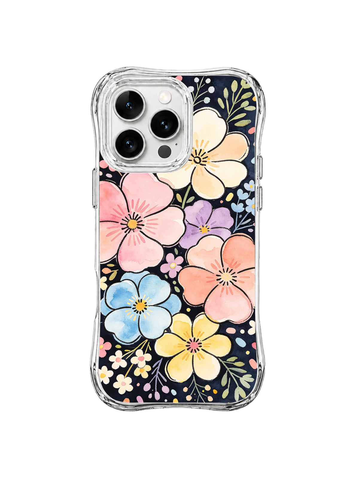 Sweet Candy Flower Meadow: Pink, peach, cream, blue and yellow flowers fill a dark field with small leaves and dots.