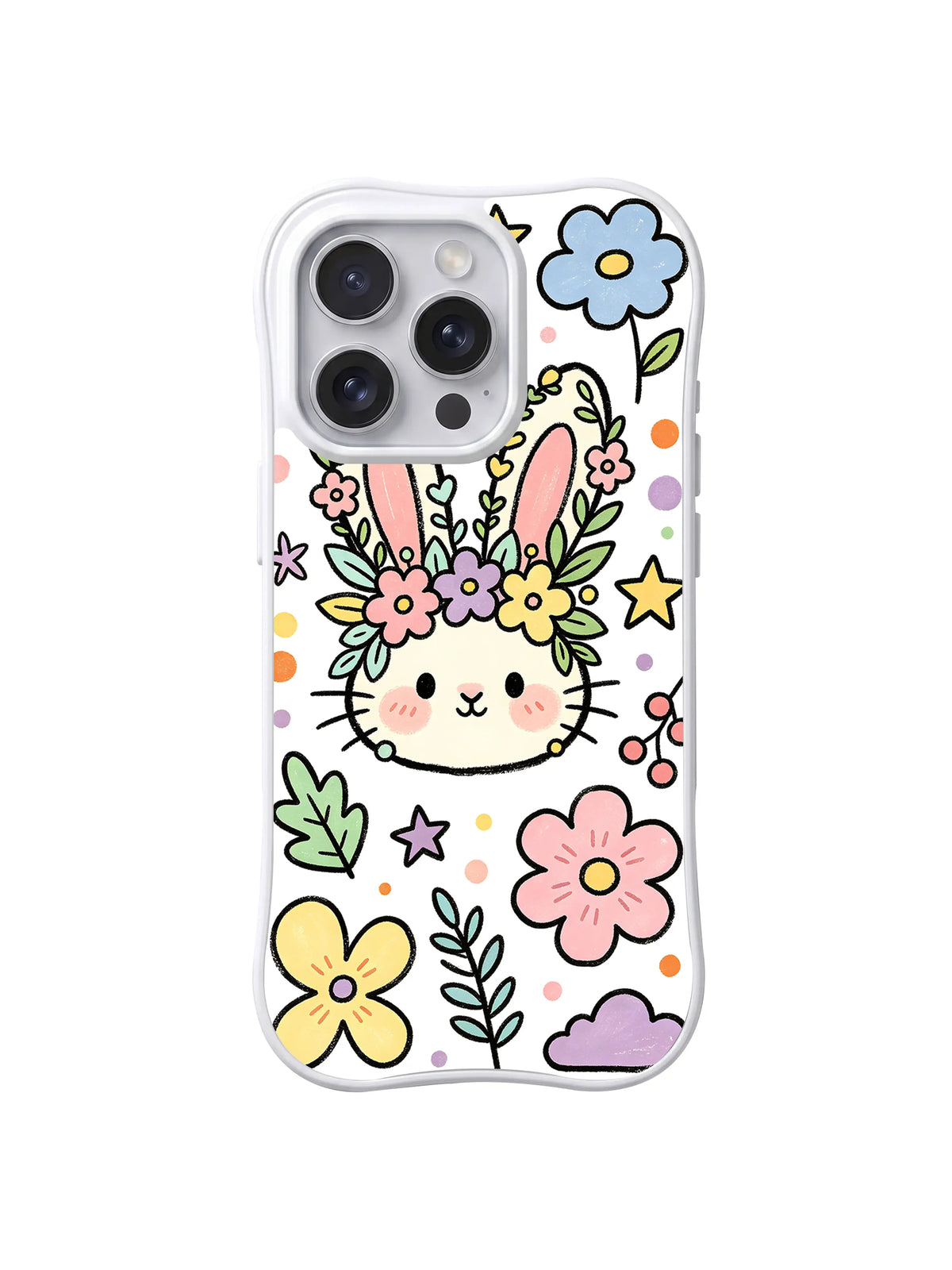 Floral Crown Bunny Garden: A smiling white rabbit wears a colorful flower crown among large pastel blooms.
