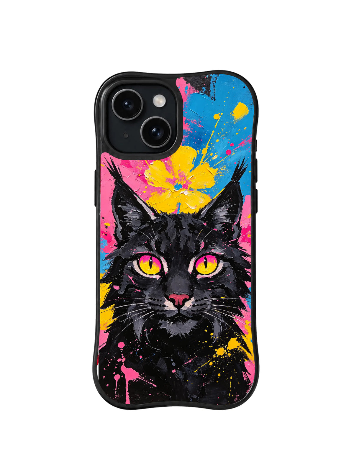 Electric Bloom Watcher: A black lynx with bright yellow-pink eyes is framed by blue, pink and yellow flowers and splashes.