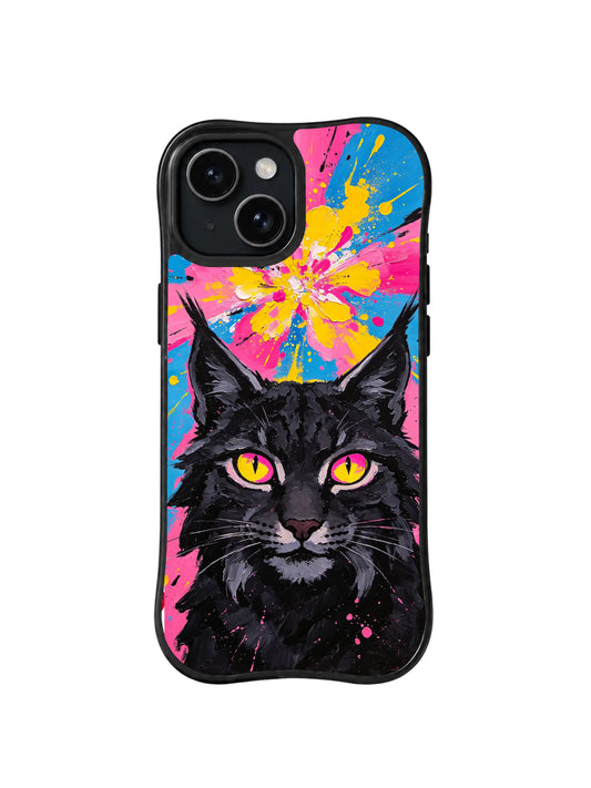 Floral Shadow Lynx: A black lynx with yellow-pink eyes appears below a large pink, blue and yellow paint-splash flower.