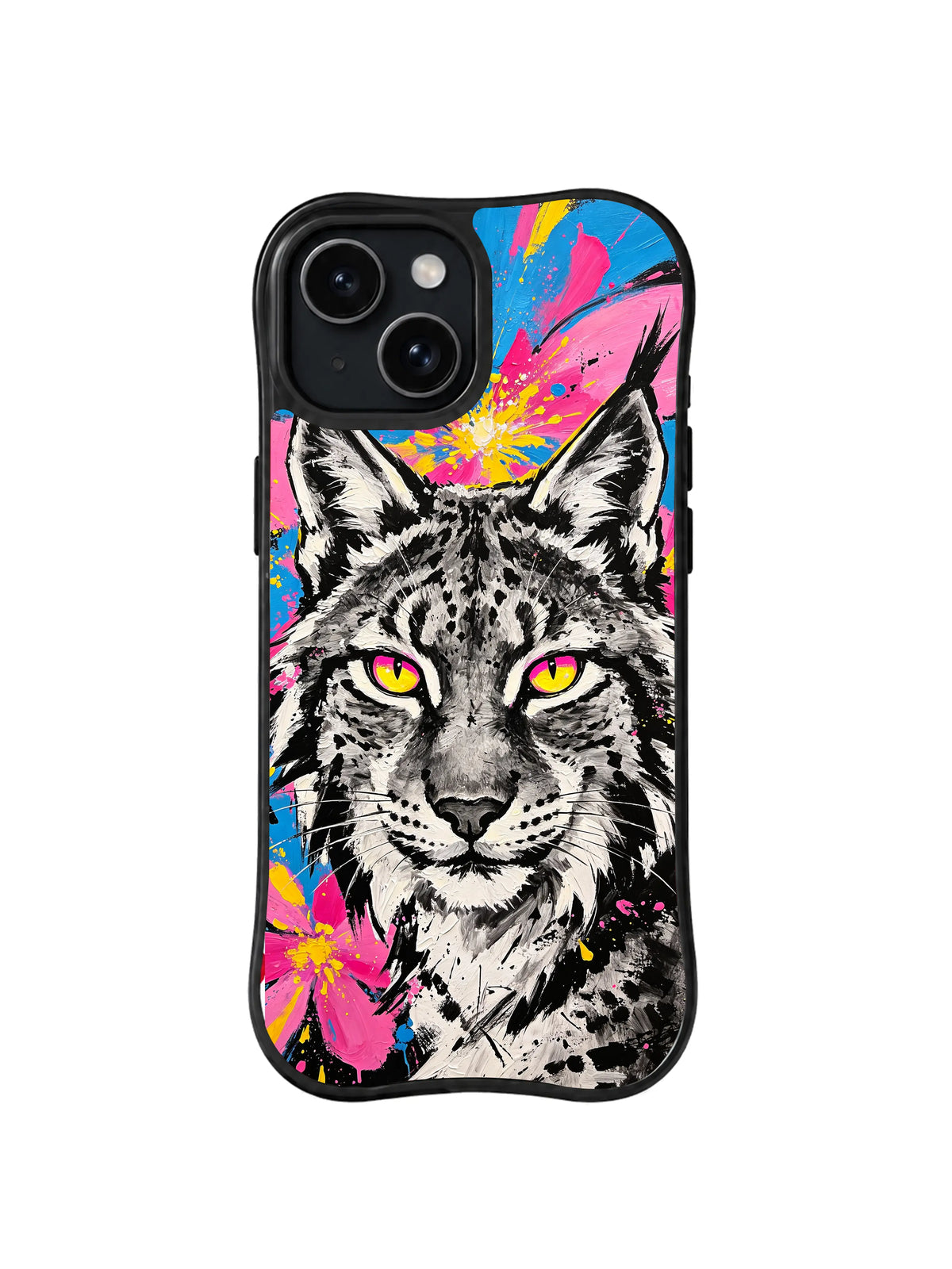 Silver Lynx Burst: A grey-and-black lynx with yellow-pink eyes is surrounded by pink, blue and yellow floral splashes.