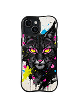 White Canvas Wildcat: A black wildcat portrait with vivid eyes sits on white among black drips and small neon splashes.