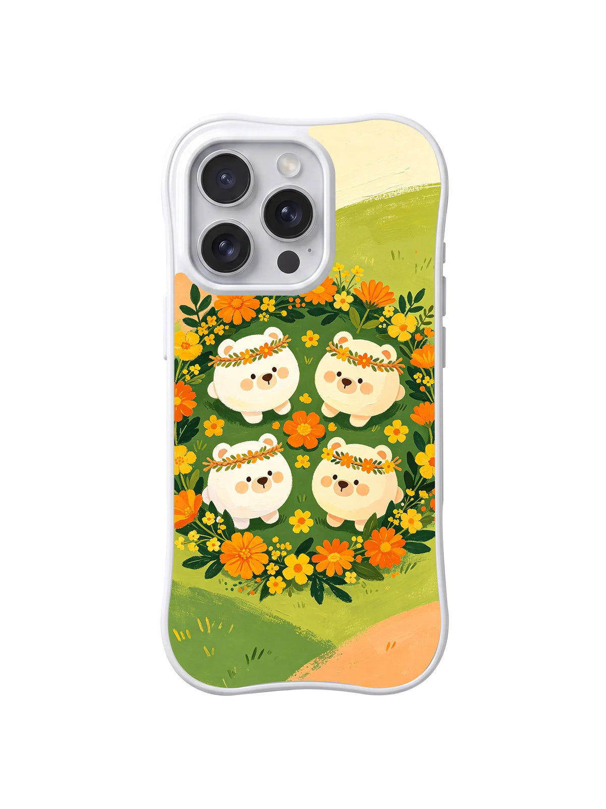 Flower Crown Bears iPhone 14 Pro Max case in Marigold Wreath Circle artwork