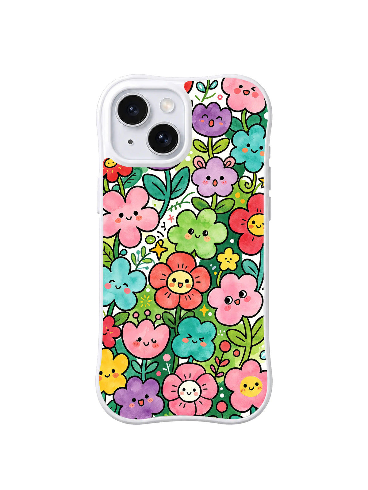 Pastel Bloom Gathering: Dense pink, turquoise, purple, green, coral and yellow smiling flowers grow among green leaves on white.